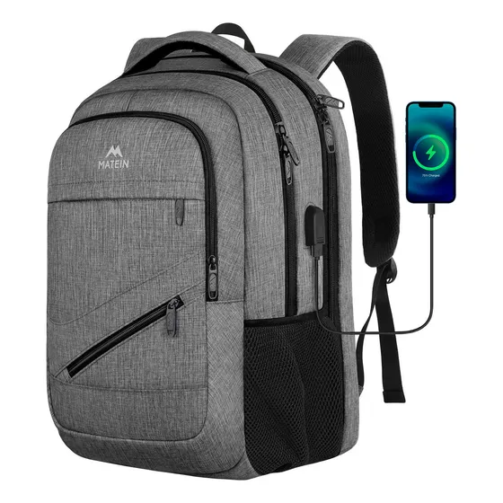 Mochila De Viaje Para Hombres Para Notebook 17" 30L Antirrobo e Impermeable Matein 1035 color gris diseño lisa 30L