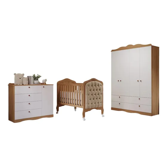 Quarto De Bebê 3 Peças Com Berço Capitonê Cômoda 4 Wt