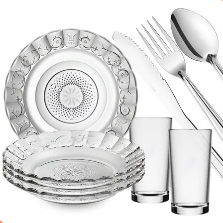 Aparelho De Jantar 20 Peças - Pratos + Copos + Talheres Inox Transparente