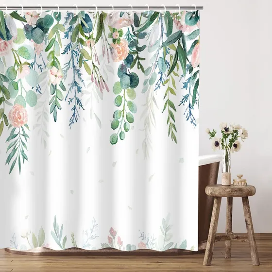 Rosielily Cortina Ducha Hoja Verd Floral Rosa Para Baño 72 X