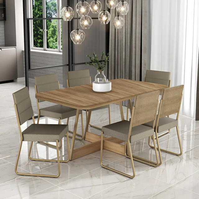 Conjunto de sala de jantar Carraro Charlotte com mesa retangular de madeira e 6 cadeiras com base dourada em ambiente moderno