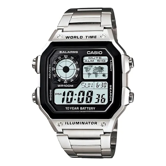Reloj pulsera digital Casio AE-1200 con correa de acero inoxidable color plateado - fondo gris - bisel negro