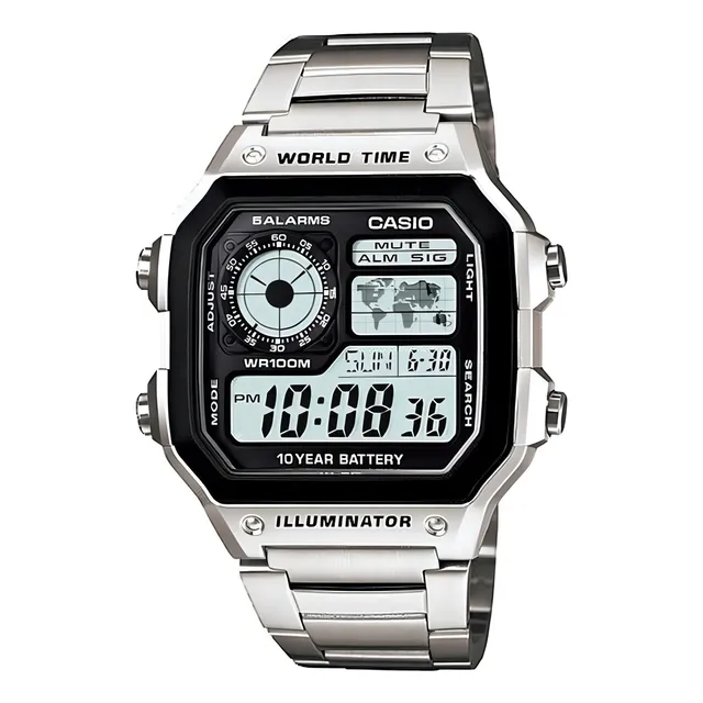 Reloj pulsera digital Casio AE-1200 con correa de acero inoxidable color plateado - fondo gris - bisel negro