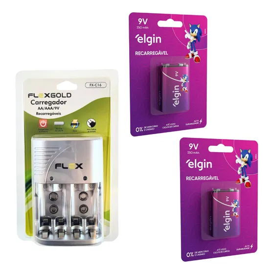 Kit 2 Bateria Recarregáv 9v + Carreg Bateria Pilha Aa/aaa/9v