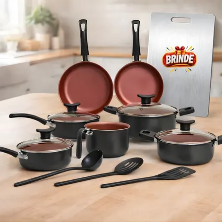 Jogo De Panelas 11 Peças Antiaderente Alumínio + Tábua Inox Preto Com Cereja