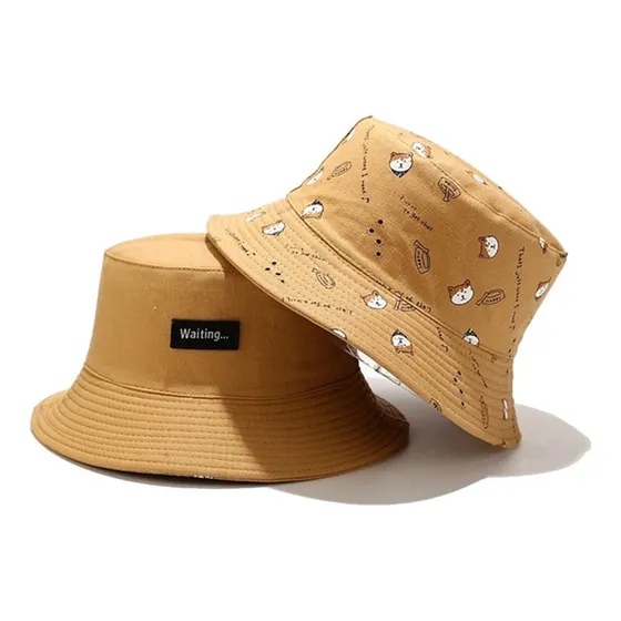 Boné Chapéu Bucket Hat Dog Shiba Dupla Face Marrom Cachorro
