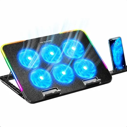 Suporte Premium Base Refrigerada Notebook TeOliver 6 Coolers Fans Ventoinhas Potentes Mesa Projetada Laptop De Até 17 Polegadas Preto Azul