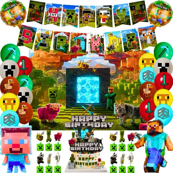 Set De Cumpleaños Minecraft Cotillón Temática Alta Calidad