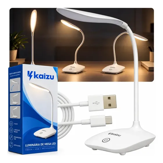 Luminária de Mesa Abajur Kaizu Led Sem Fio Usb Recarregável Braço Articulado Para Estudo Escritorio Quarto Criado Mudo