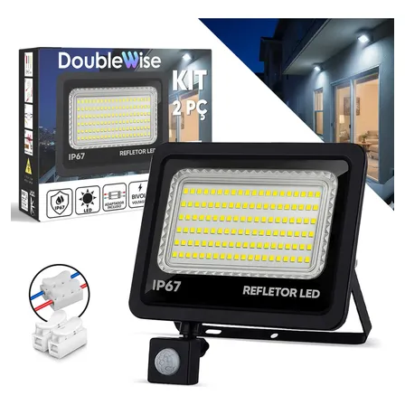 Kit 2 Refletor Led 300w Com Sensor De Presença Inteligente Econômico À Prova D'água Luz Branco Frio 6500k 127/220v Preto