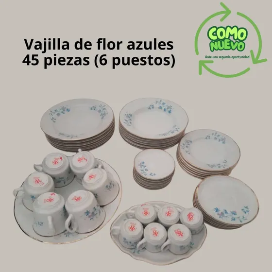 Juego De Vajilla Generica 44 Piezas Flores Azules