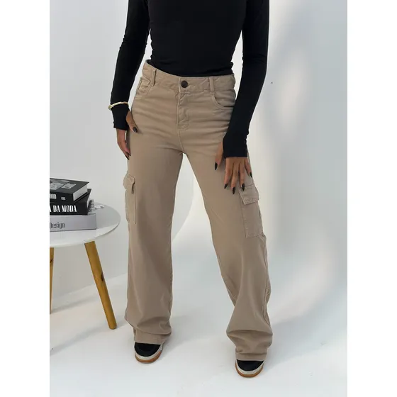 Calça Cargo Jeans Feminina Com Bolsos 10 Ao 16