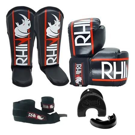 Kit Muaythai Kickboxing - Luva Boxe Caneleira Bandagem Bucal Cor Preto Tamanho 14oz