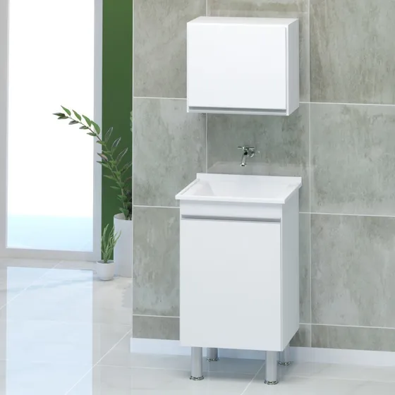 Gabinete Balcão Com Tanque Para Lavanderia + Armário Aéreo Cor Branco