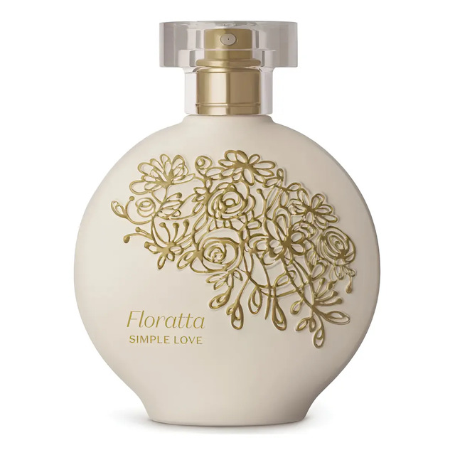 Frasco de vidro do perfume Floratta Simple Love de 75ml com tampa transparente e detalhes florais em relevo dourado na frente