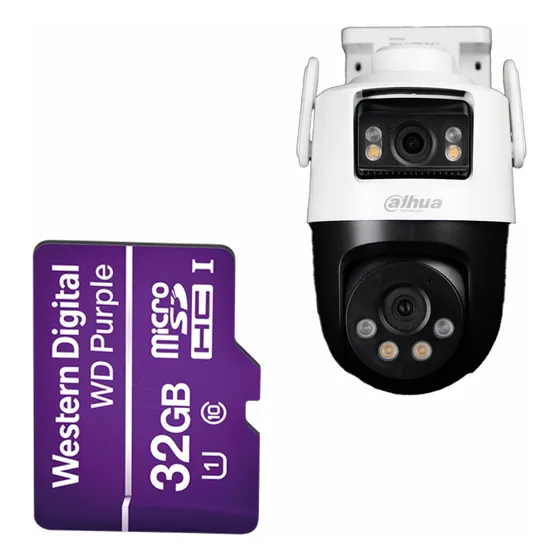 Kit Cronos Cámara De Seguridad Dahua Ip Pt Dh-ipc-wpt1439dd-s 4e2-pv Wifi Cruiser Dual 8mp Iluminador Dual Audio Doble Vía Alarma Auto Tracking + Microsd 32gb + Accesorios Cctv Wpt1439dd-plus-32
