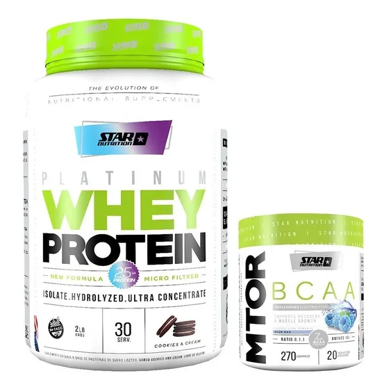 Proteina Whey Star Nutrition 2 Lb + Mtor 270 Gr Sabor Cookies & Cream + Blue Raz