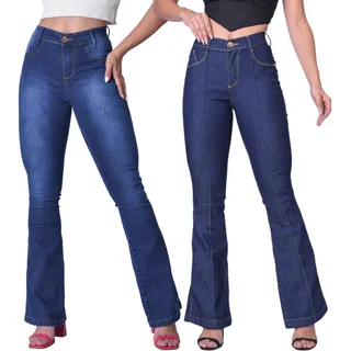 Kit 2 Calça Jeans Feminina Flare Cintura Alta Boca De Sino Kit 2 Calça Jeans Feminina Flare Cintura Alta Boca De Sino