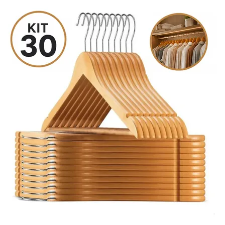 Kit 30 Cabides De Madeira Com Barra Antideslizante Marfim Marrom-claro