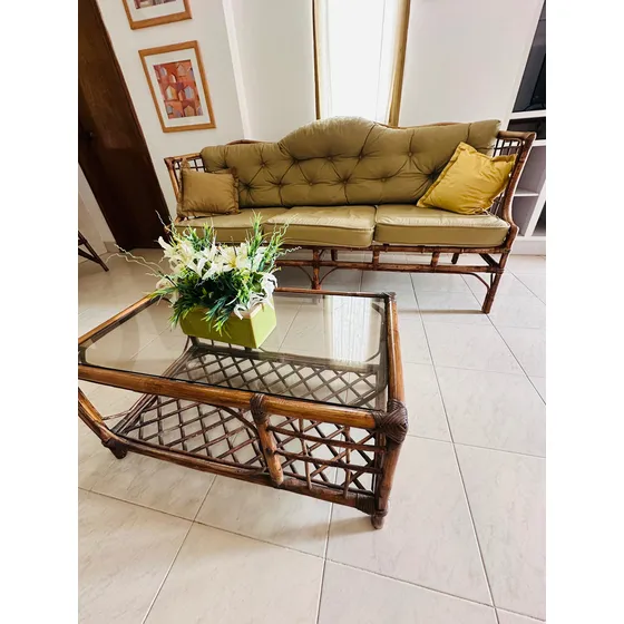 Set De Mimbre: 2 Sillas, Sofá 3 Puestos Y Mesa De Centro