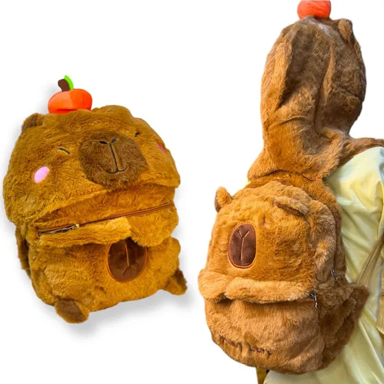 Mini Mochila Com Touca Embutida Capivara Fofa Infantil Aulas