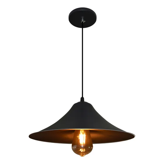 Lustre Pendente Modelo Prato - Ideal Para Mesa De Bilhar, Sinuca - Cor Preto E Interior Preto - 127/220v