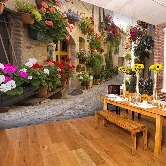 Mural Pared 3d Escena Calle Floral Estilo Visual Extraible