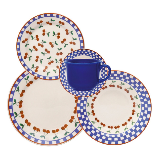 Aparelho De Jantar Cerâmica Biona Donna Jardim De Cerejas 20 Peças Branco Azul E Vermelho