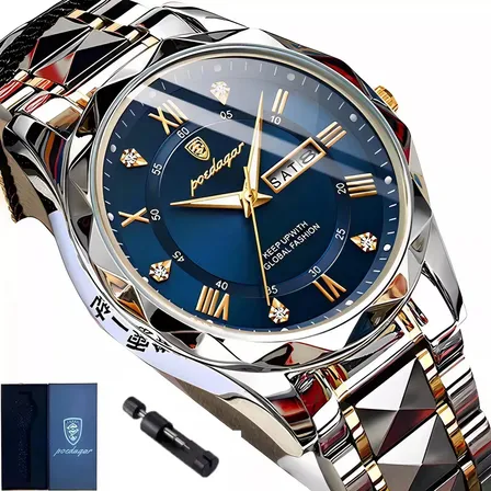Relógio De Luxo Poedagar Masculino Original Old Money Aço Nf Prateado Azul-escuro