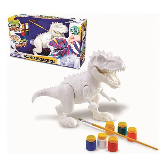 Dinossauro Rex Attack Branco Para Colorir Pincel E 6 Tintas