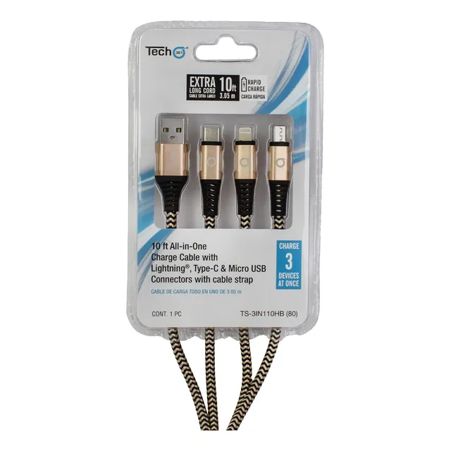 Cargador Móvil 10 Ft Usb A Lightning Tipo C Micro Usb Gold
