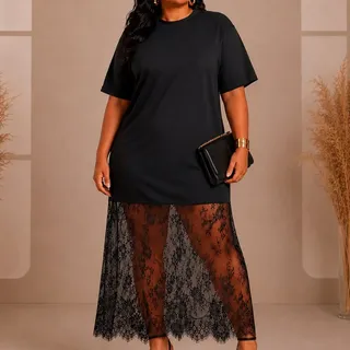 Morena Flor Vestido Plus Size Manga Evangelica Renda Midi Soltinho Malha Preto Li