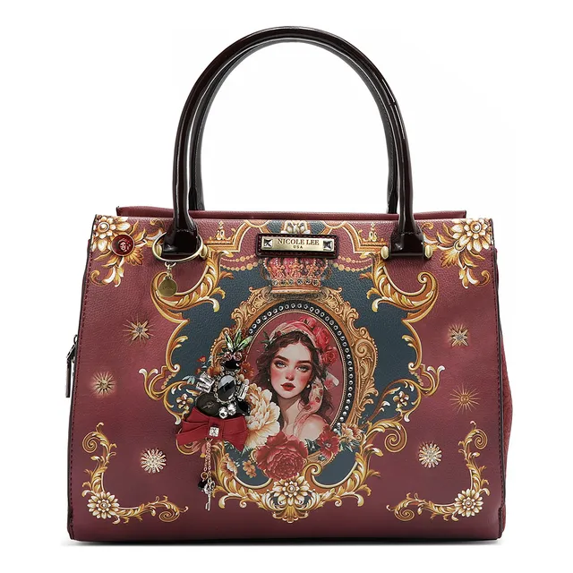 Bolsa Cuadrada De Nicole Lee Estampado The Queen Ss25 Acabado de los herrajes Níquel Color Carmín Correa de hombro Café
