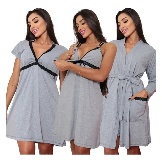 Kit 2 Camisola Maternidade/amamentação + 1 Robe Manga Longa