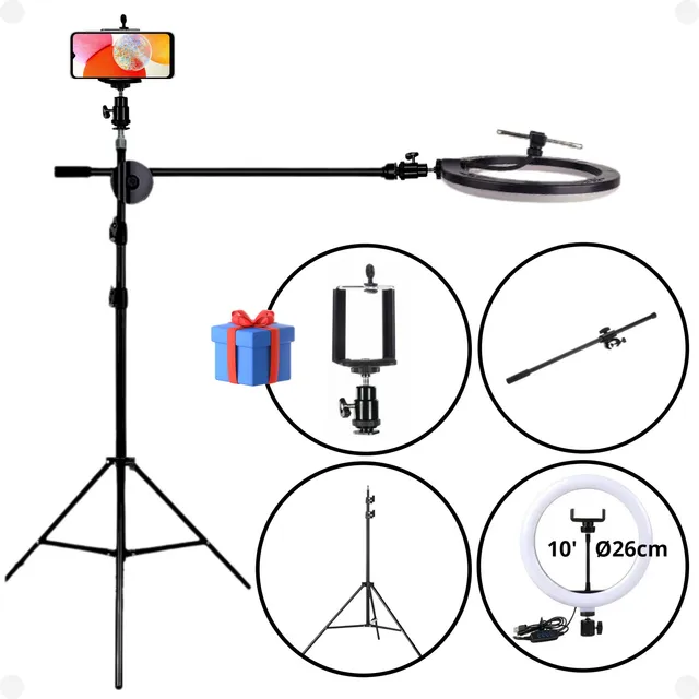 Pedestal Girafa 360 Para Gravação Com Suporte + Ring Light