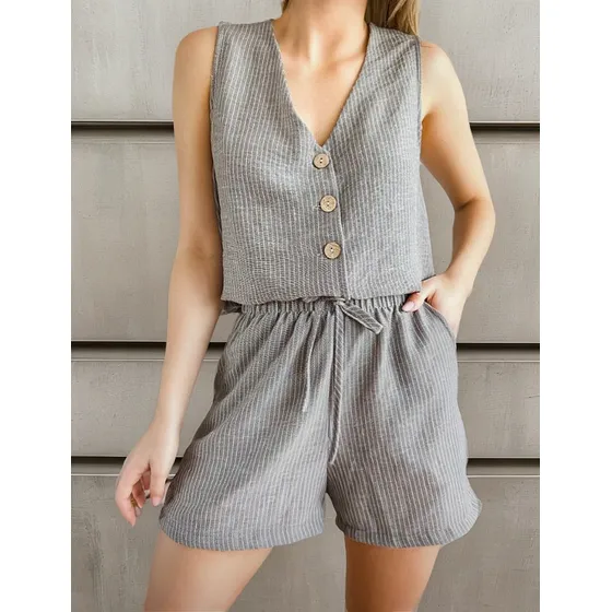 Short Lulyna Lino Rayado Con Elastico Y Tiras Mujer Bermuda