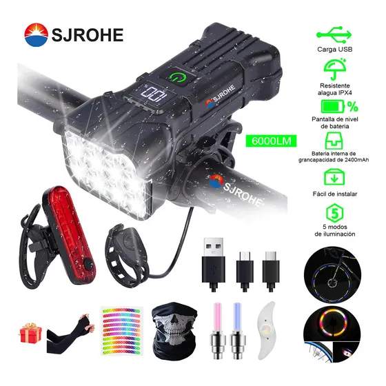 Sjrohe® Juego De 9 Piezas Accesorios Para Bicicleta Usb Baterias Recargable Delantera Traser Y Claxon 12 Led 5 Modos 6000lm Ipx4 Emergencia Impermeable Luz Delantera Bicicleta Linterna Color Negro