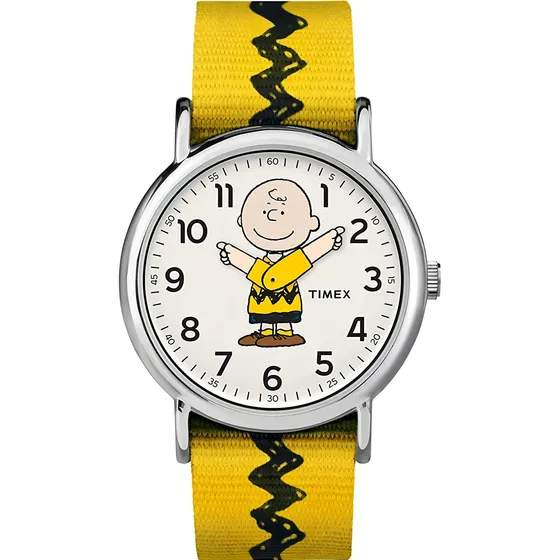 Pulseira Timex Charlie Brown Weekender Unissex Peanuts Collection, cor amarela com moldura preta, cor de fundo prateada, cor de fundo branca