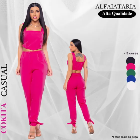 Conjunto Feminino Cropped E Calça Laço Em Tecido Alfaiataria