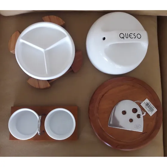 Quesera, Cortador Queso, Salsera, Pasapalera Vidrio Y Madera