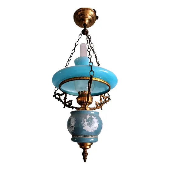 Làmpara De Techo Italiana Porcelana Y Cristal Azul Claro