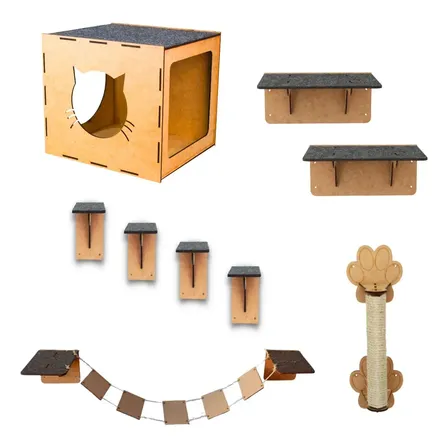 Playground Para Gatos Kit 9 Peças Box Fan Nicho Arranhador Mdf Resistente Cru