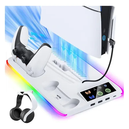 Base Cooler Para Ps5 Pro Slim Fat Suporte Dock Carregador De Controles Com Led Rgb, Cor Branco - A+ Utilidades