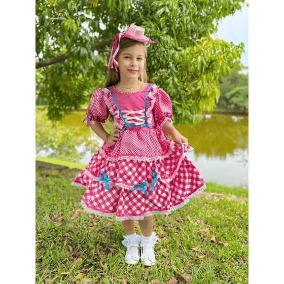 Vestido Infantil Dança Quadrilha Festa Junina Com Fitas 