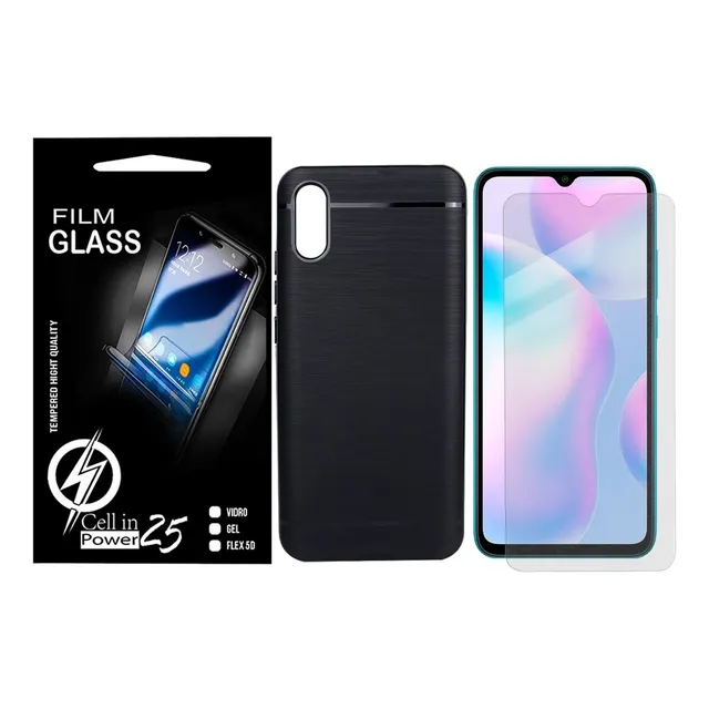 2 Capa Capinha Preta + 2 P/ Vidro Para Xiaomi Redmi 9a 6.53