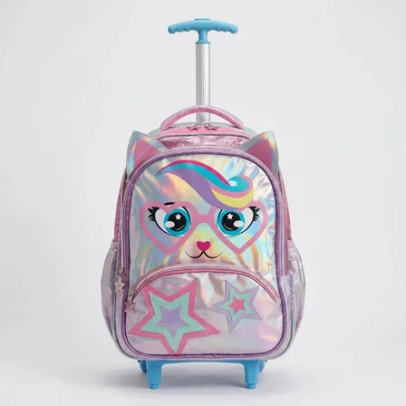 Mochila Rodinha Gatinho Holográfico Infantil Meninas Escolar Rosa Listrado