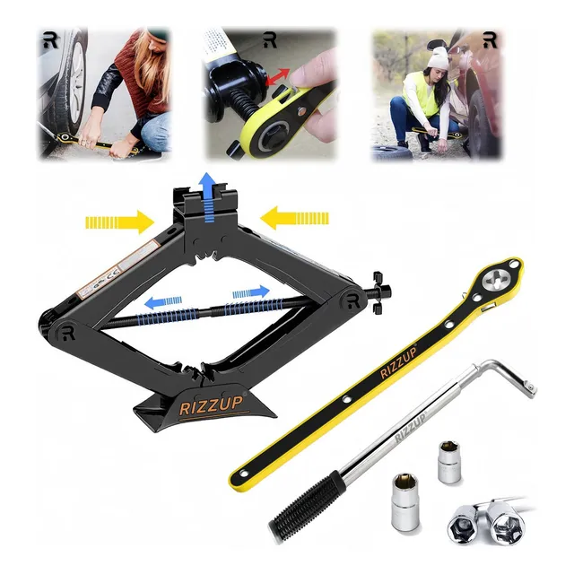 Rizzup® Gato Hidraulico Para Vehículos Carro Auto Mecanico Rampas De Tijera Cat Herramientas Automotrices Portátil 2.5 Toneladas(2500 Kg) + Llave Cruz + Llave telescópica + 2 vasos