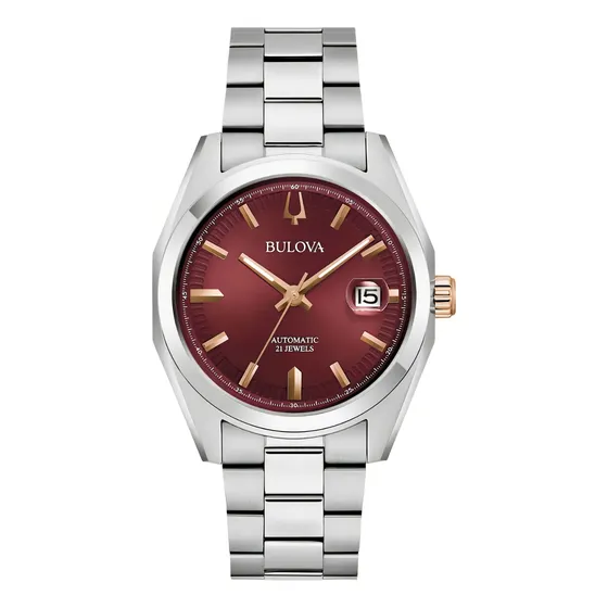Relógio masculino Bulova Surveyor 98b422, pulseira prateada, moldura prateada, fundo de vinho