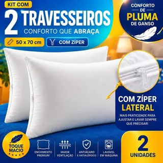 Mltm Ecom Kit 2 Travesseiros Extra Macio Antialérgico Lavável Antimofo + Zíper Aj