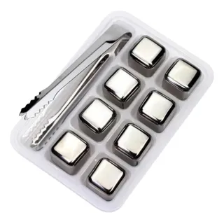 Kit 8 Cubos De Gelo Aço Inox Metal Pegador Whisky Drinks Kit 8 Cubos De Gelo Aço Inox Metal Pegador Whisky Drinks